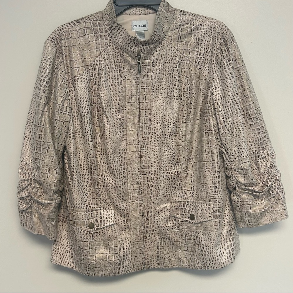Chicos Crocodile Faux Suede Ruched Sleeve Zip Front Metallic Jacket Coat 2